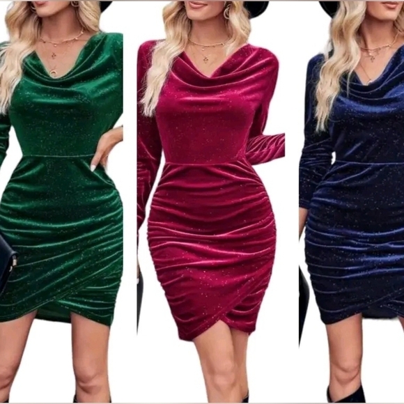 Green Glitter Draped Collar Long Sleeve Ruched Bodycon Mini Dress - Picture 10 of 13